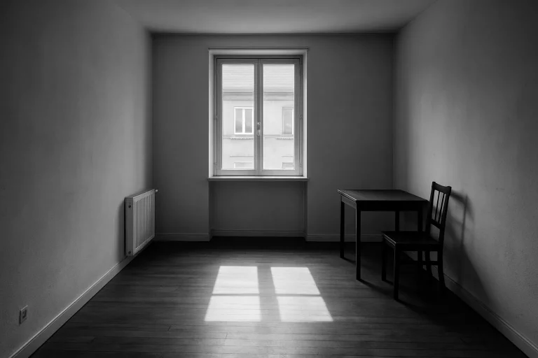 Appartement minimaliste vide avec lumière traversant une fenêtre, en noir et blanc.
