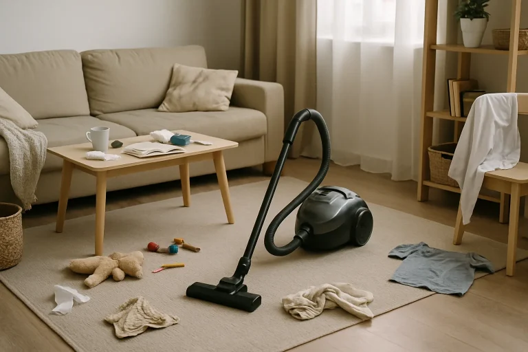 Salle de séjour remplie d'objets avec un aspirateur au centre, éclairage doux.