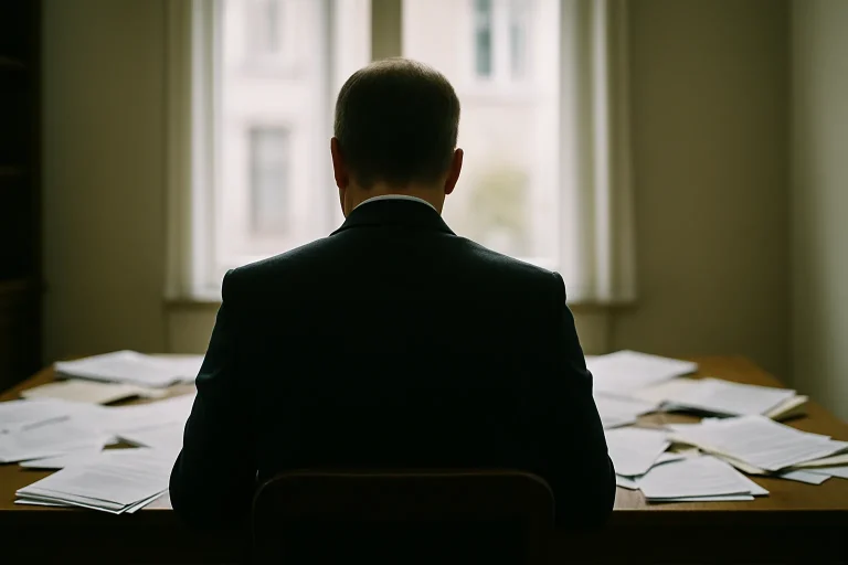 Silhouette de dos d'un notaire au bureau, documents et lumière douce.