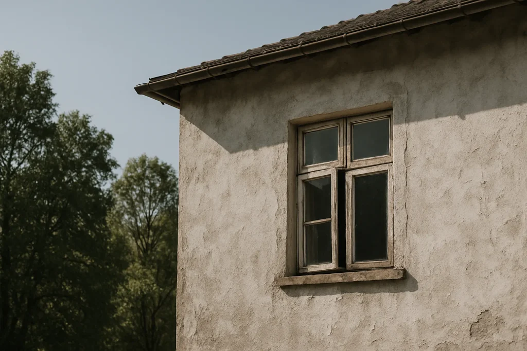Façade d'une maison à l'extérieur, fenêtre entrouverte, ciel dégagé.