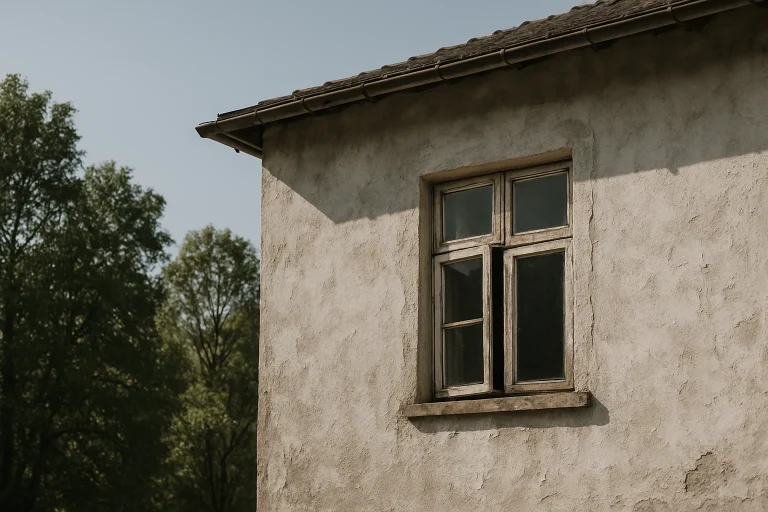 Façade d'une maison à l'extérieur, fenêtre entrouverte, ciel dégagé.