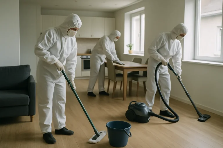 Équipe de nettoyage en action dans une maison en France après un décès.