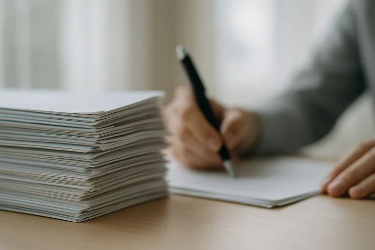 Pile de documents avec une main tenant un stylo, lumière douce