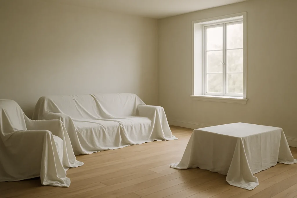 Salon vide avec parquet en bois, meubles couverts de draps, lumière douce.
