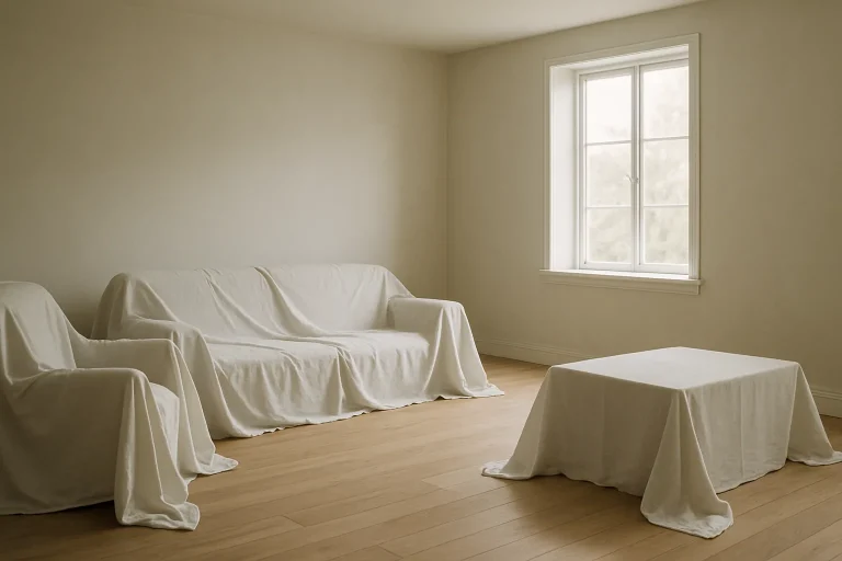 Salon vide avec parquet en bois, meubles couverts de draps, lumière douce.