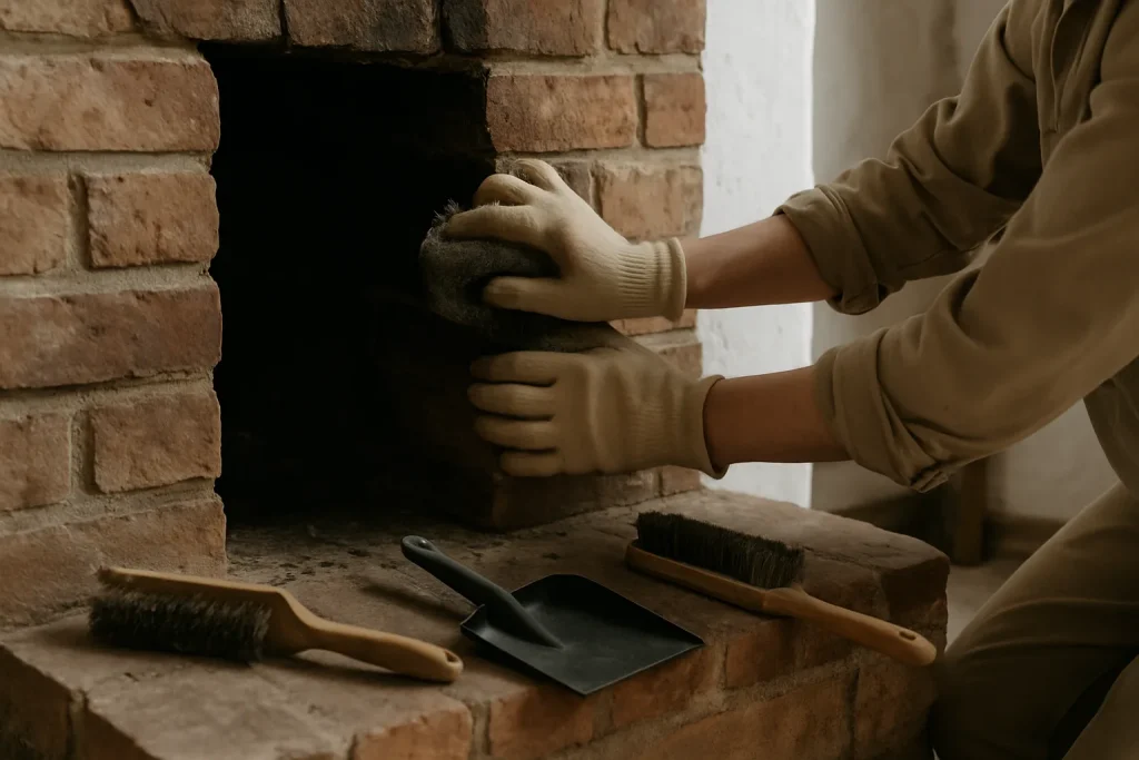 Mains nettoyant une cheminée en brique dans une maison après un décès.