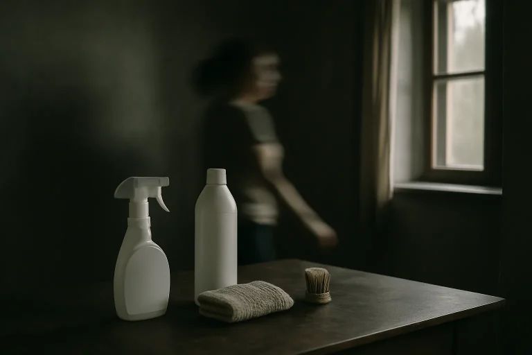 Pièce sombre avec lumière douce, objets de nettoyage, silhouette floue.