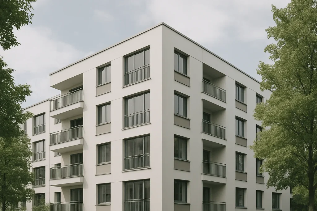 Façade d'un bâtiment résidentiel moderne entouré d'arbres sous un ciel nuageux.