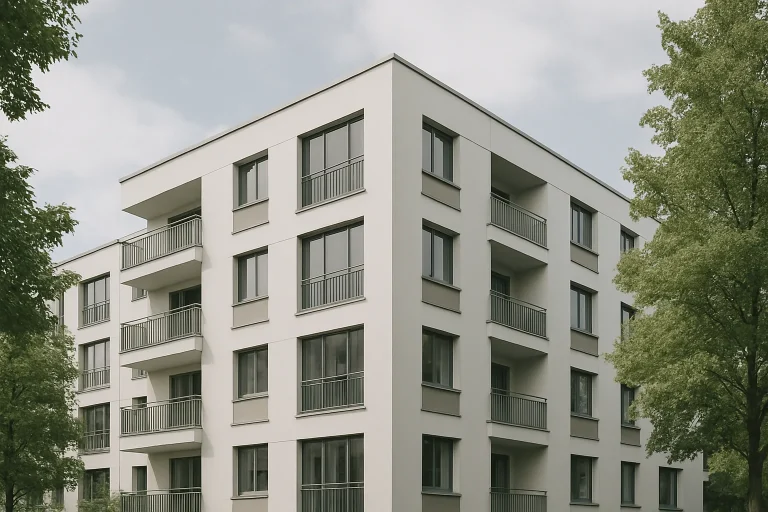 Façade d'un bâtiment résidentiel moderne entouré d'arbres sous un ciel nuageux.