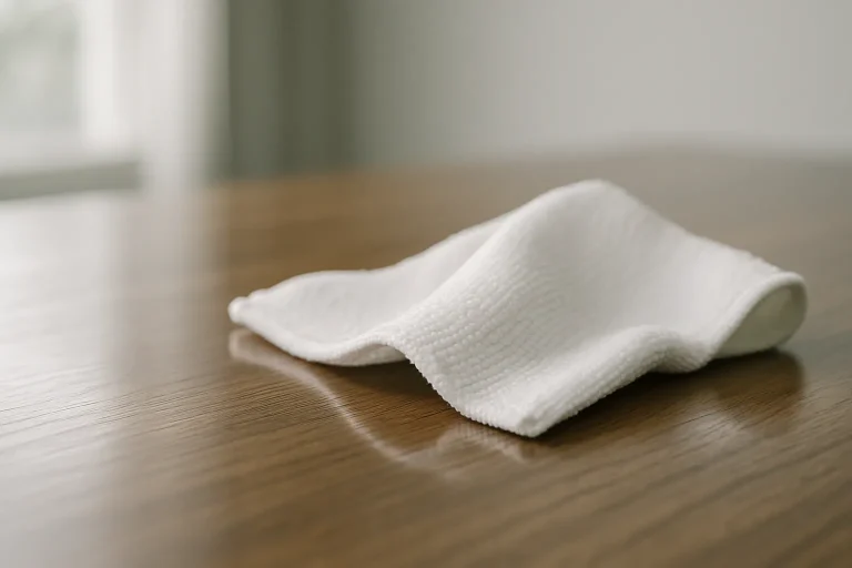 Chiffon blanc nettoyant une surface en bois, lumière douce reflétée.