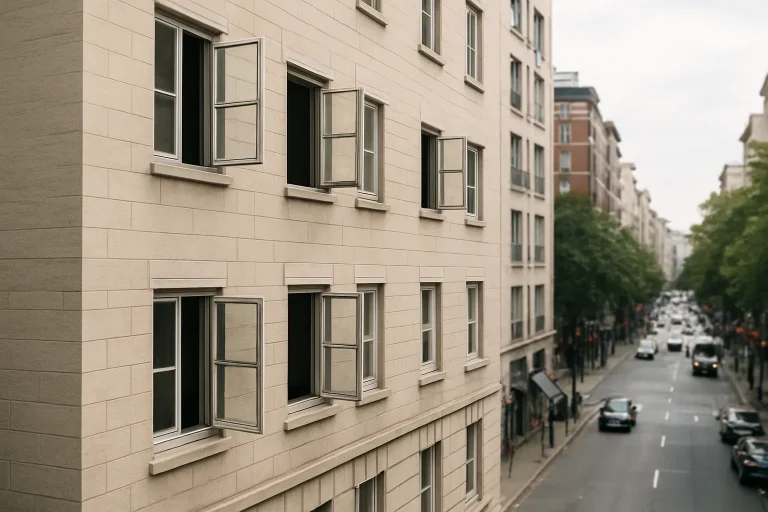 Façade d'un immeuble résidentiel avec fenêtres ouvertes, rue animée visible