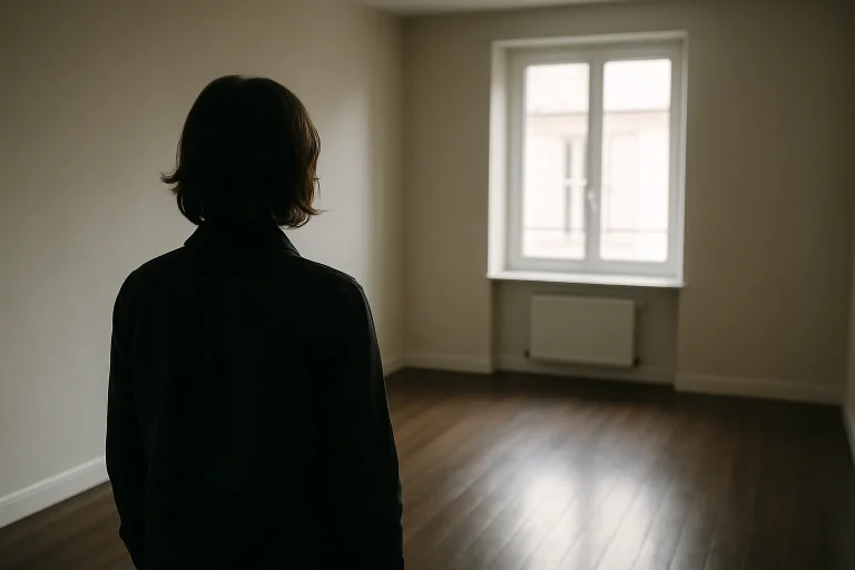 Silhouette de dos d'une personne dans un appartement vide, lumière douce.