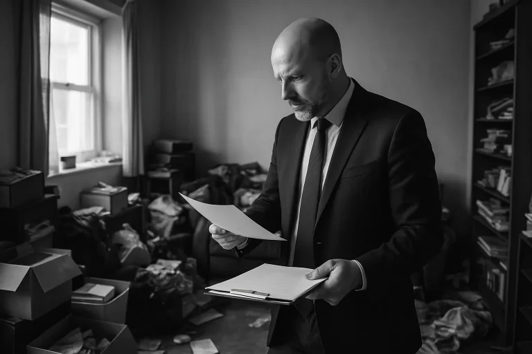 Huissier de justice documentant l'état d'un appartement encombré avant nettoyage.