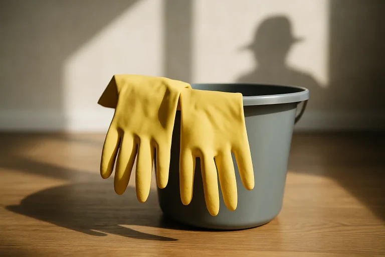 Gants en caoutchouc sur un seau, sol en bois, ombre humaine floue en arrière-plan.