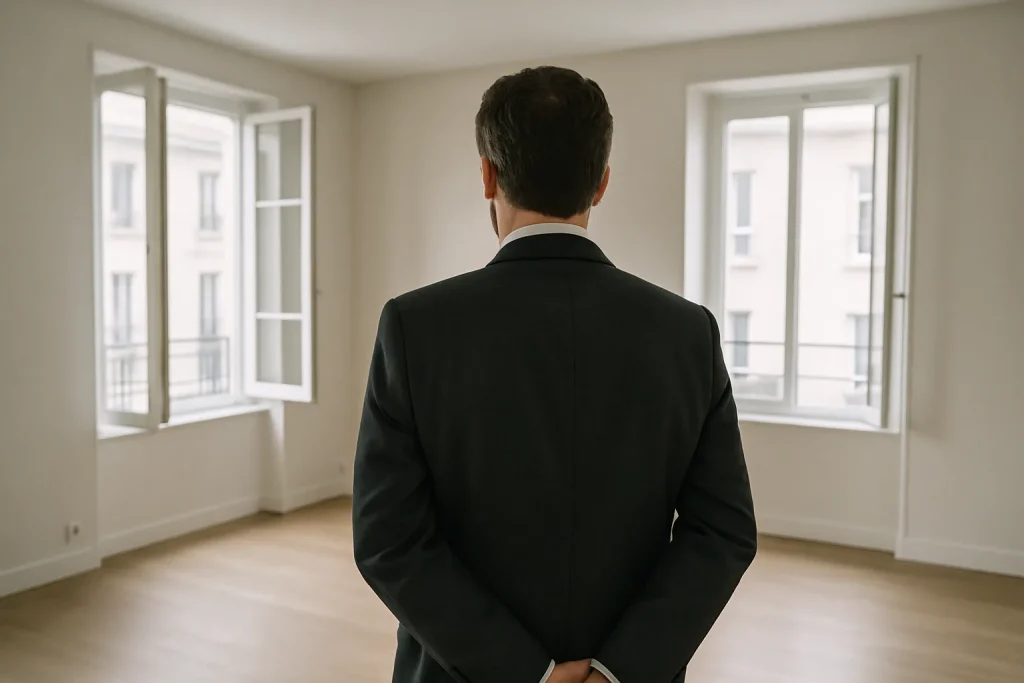 Silhouette d'un expert immobilier de dos dans un appartement vide, lumière douce.