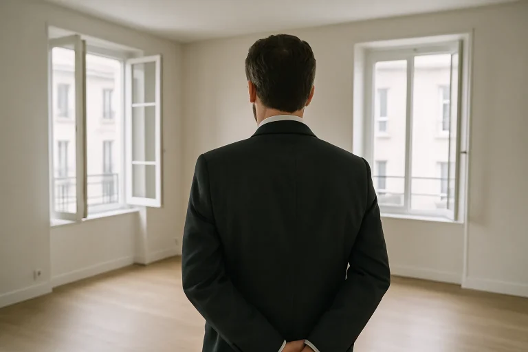 Silhouette d'un expert immobilier de dos dans un appartement vide, lumière douce.