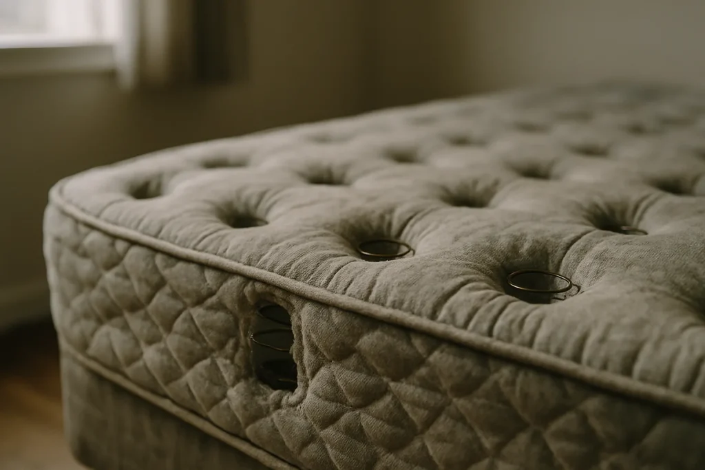 Gros plan d'un matelas usé montrant des ressorts visibles dans une chambre.