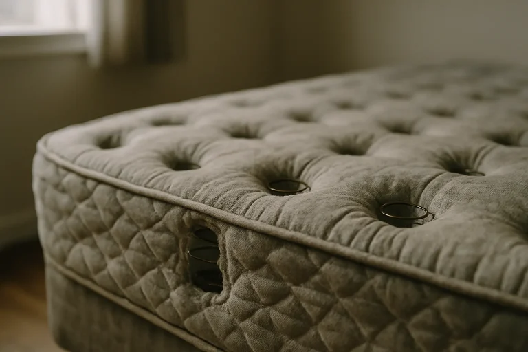 Gros plan d'un matelas usé montrant des ressorts visibles dans une chambre.