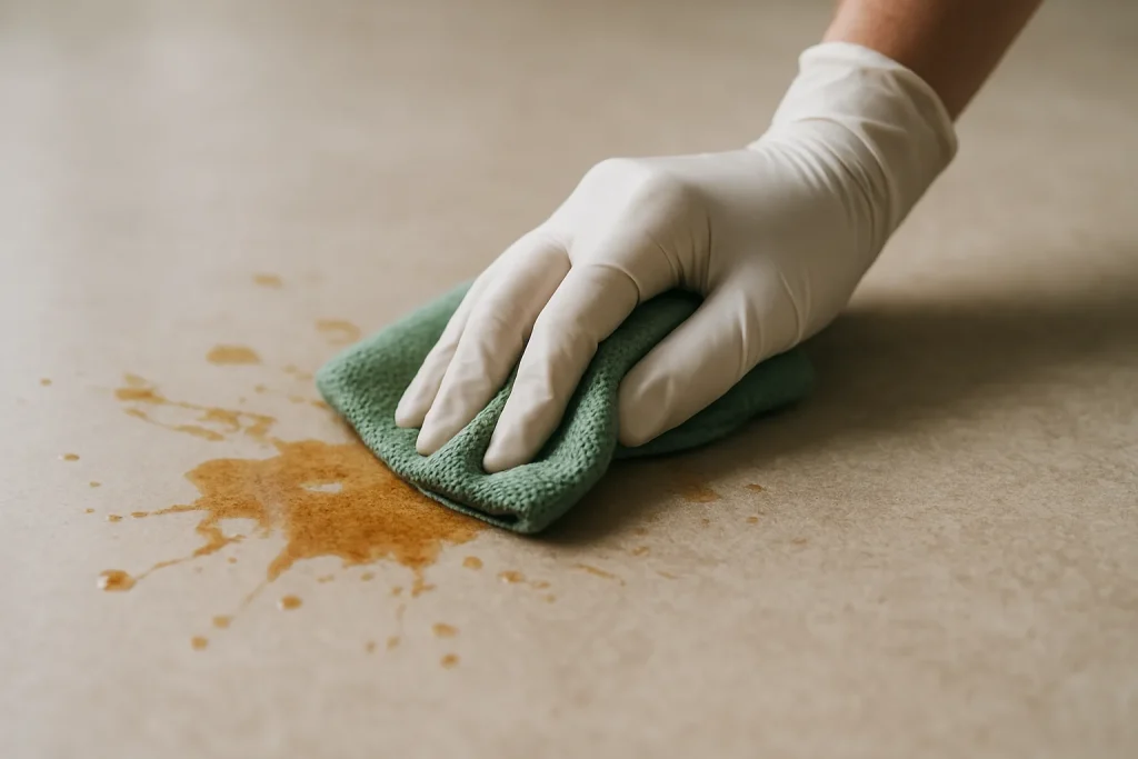 Main gantée nettoyant une surface de sol avec éclaboussures visibles