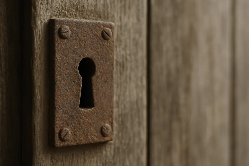 Gros plan d'une serrure rouillée sur une porte en bois, traces de poussière visibles