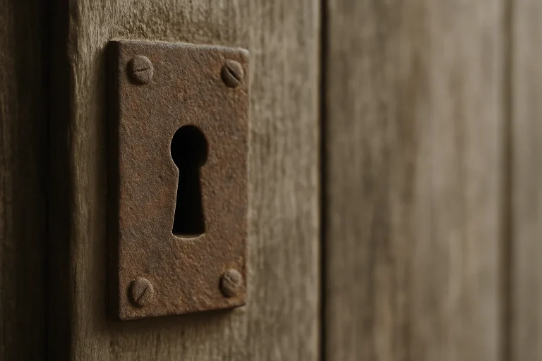 Gros plan d'une serrure rouillée sur une porte en bois, traces de poussière visibles