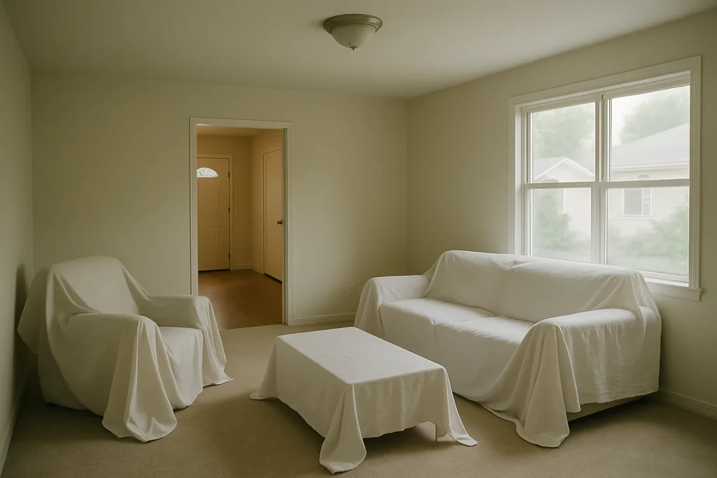 Salon vide avec meubles recouverts de draps blancs et lumière douce