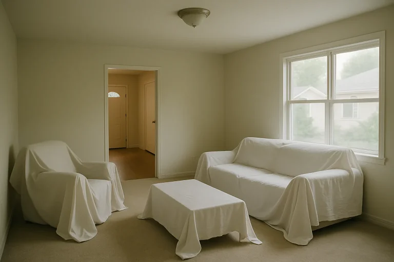 Salon vide avec meubles recouverts de draps blancs et lumière douce