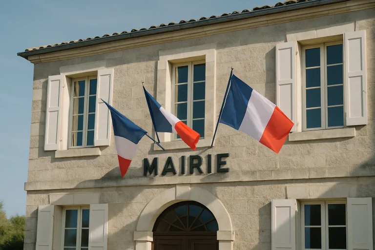 Façade d'une mairie en pierre avec drapeaux français flottant