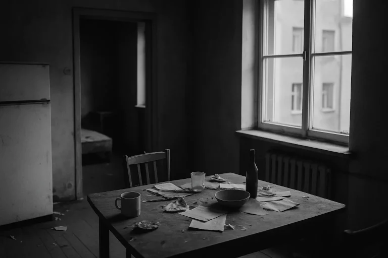 Appartement déserté avec objets en désordre, lumière douce entrant par une fenêtre.