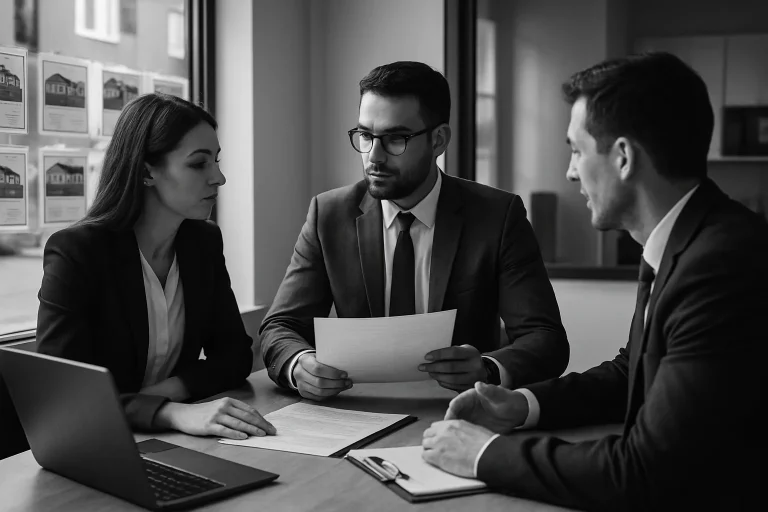 Des agents immobiliers autour d'une table, discutant d'un nettoyage post-mortem, en noir et blanc.