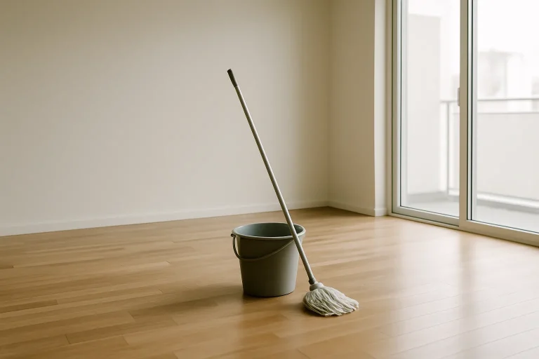 Intérieur vide avec sols en bois et matériel de nettoyage au centre, lumière naturelle.
