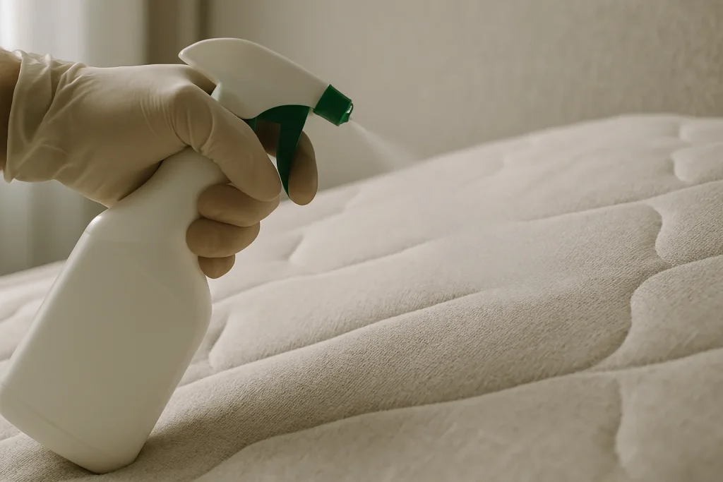Main gantée appliquant un produit anti-punaises sur un matelas, tissu visible.