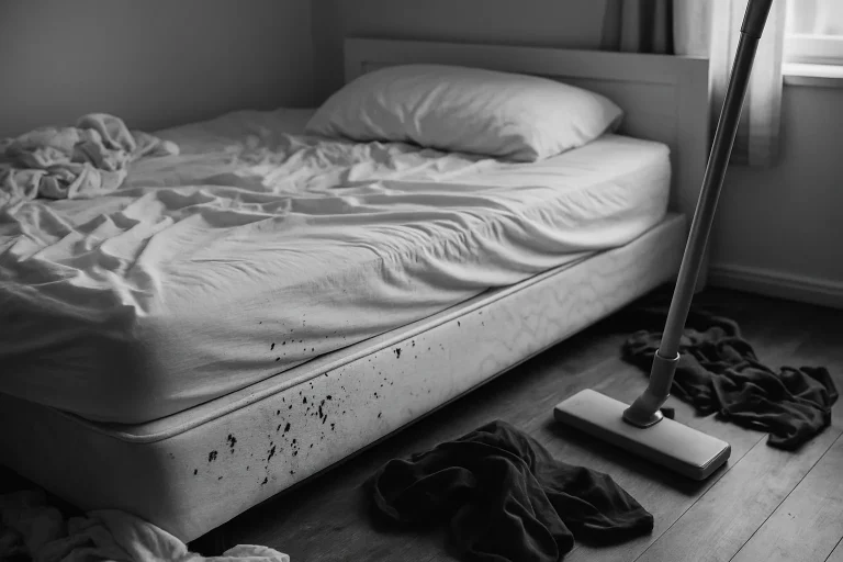 Chambre désordonnée avec signes de punaises de lit, en noir et blanc.