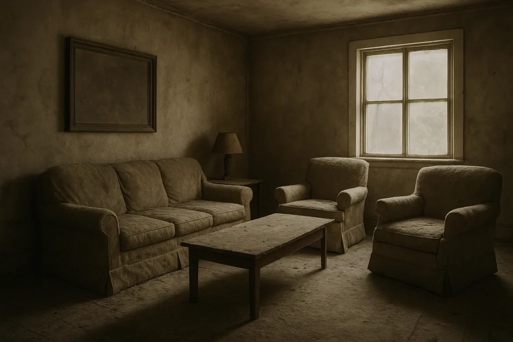 Salon abandonné avec meubles couverts de poussière, lumière tamisée.