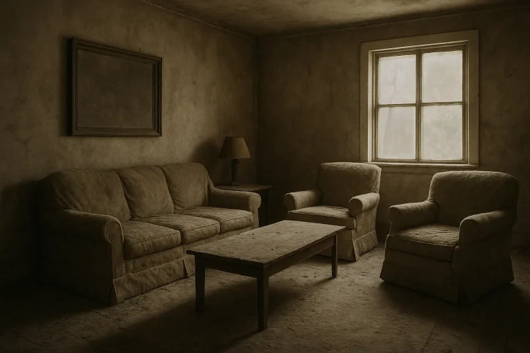 Salon abandonné avec meubles couverts de poussière, lumière tamisée.