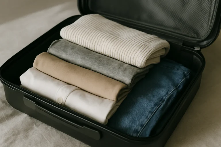 Valise ouverte avec vêtements pliés, lumière naturelle, texture visible