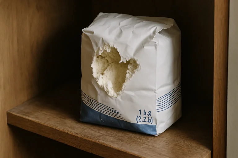 Gros plan montrant des marques de dents sur un sac de farine dans un placard en bois.
