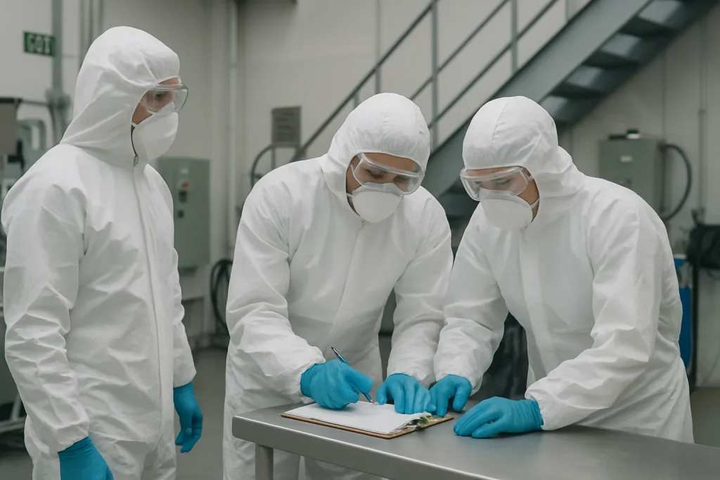 Intervenants en combinaisons de protection manipulant des déchets biologiques