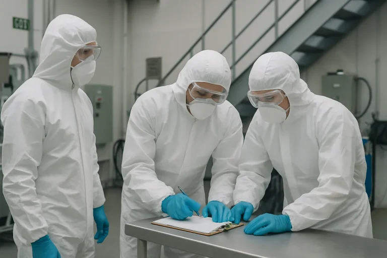 Intervenants en combinaisons de protection manipulant des déchets biologiques