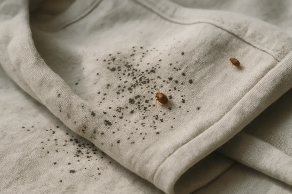 Gros plan sur un vêtement avec des traces de punaises de lit, éclairage naturel