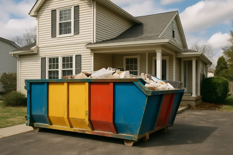 Benne à déchets colorée placée devant une maison, ciel nuageux