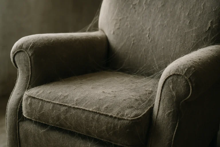 Fauteuil usé et poussiéreux dans un appartement négligé, lumière douce