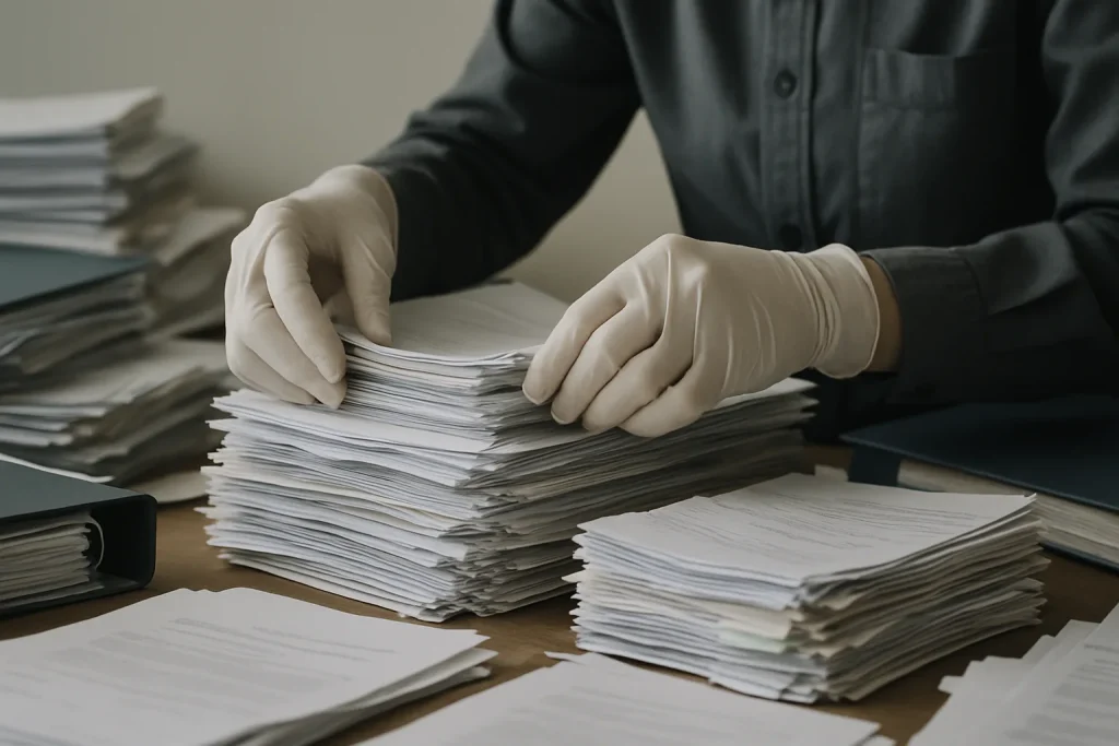 Mains gantées triant des documents sur une table encombrée lors d'une intervention Diogène