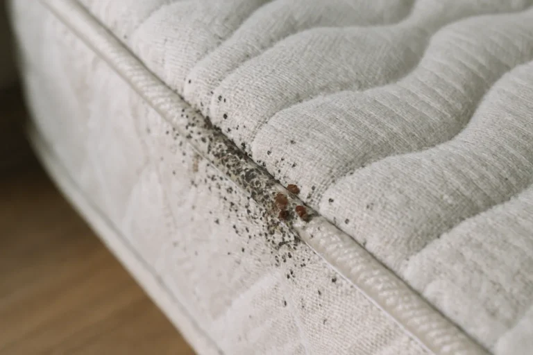 Gros plan sur un matelas avec traces de punaises de lit, lumière naturelle