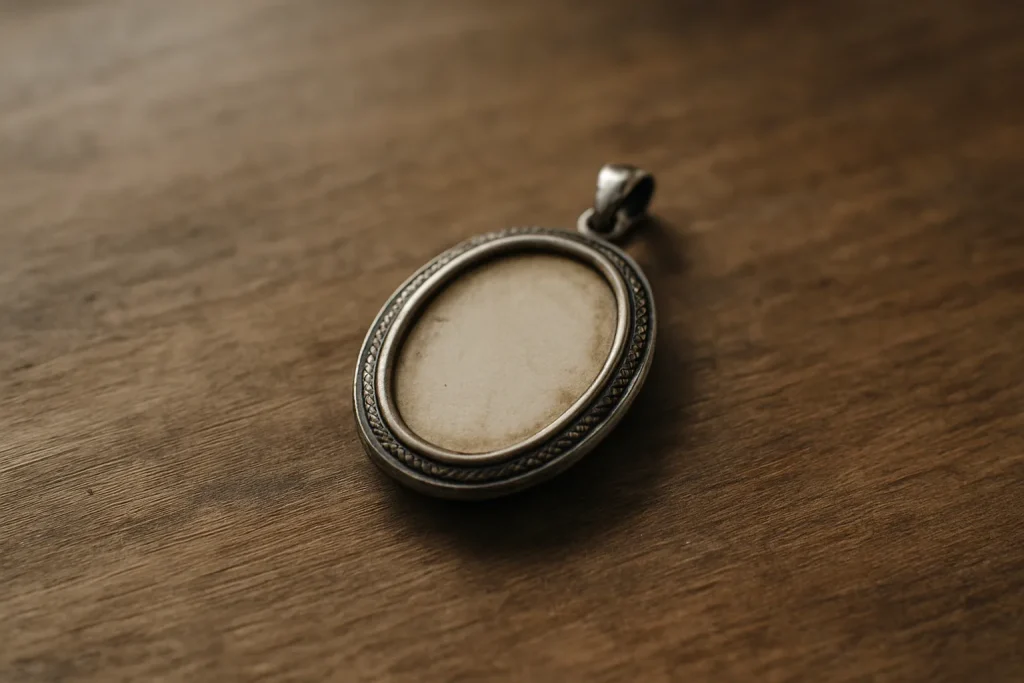 Gros plan d'un médaillon ancien sur une table en bois, symbole de souvenirs à préserver.