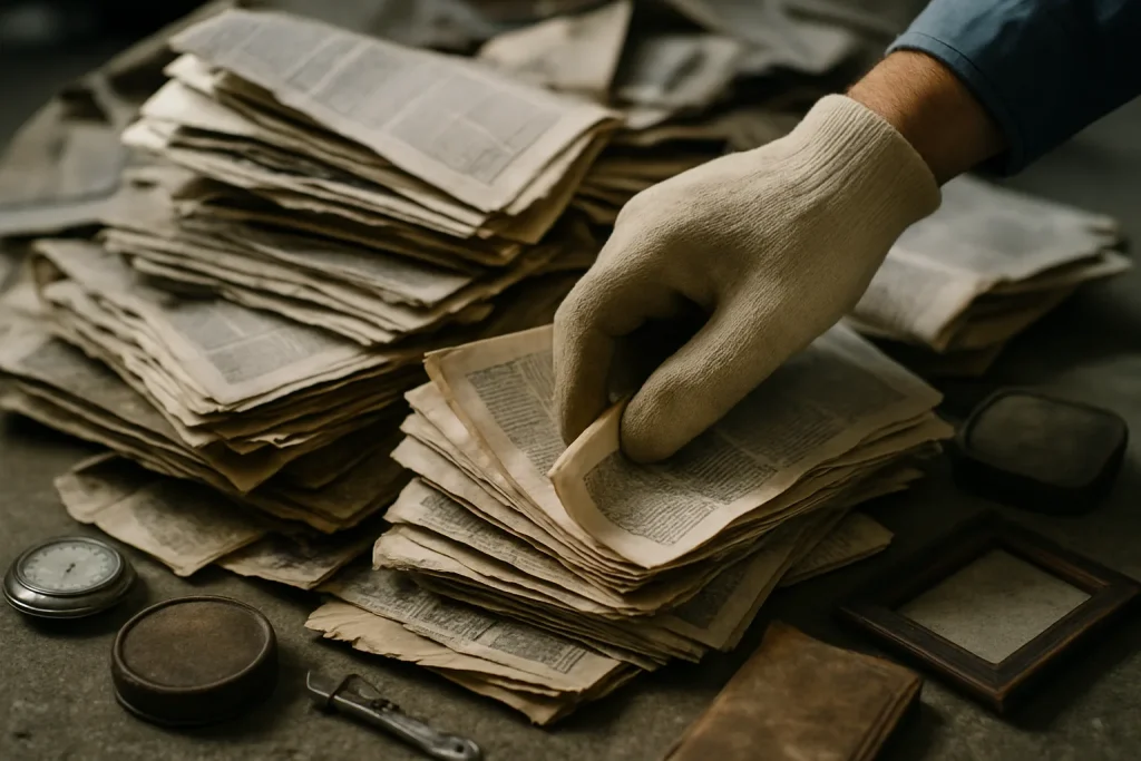 Main gantée fouillant un tas de journaux et d'objets divers, lumière douce