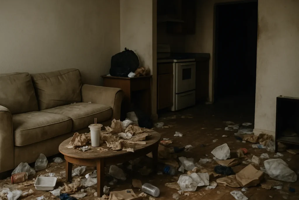 Intérieur encombré, déchets accumulés dans un coin sombre, faible éclairage