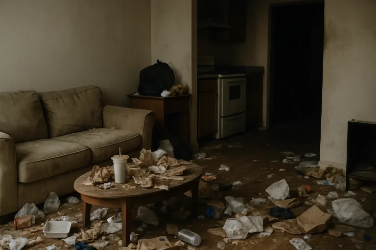 Intérieur encombré, déchets accumulés dans un coin sombre, faible éclairage