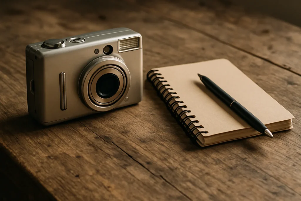 Appareil photo numérique et carnet sur une table en bois, lumière douce.