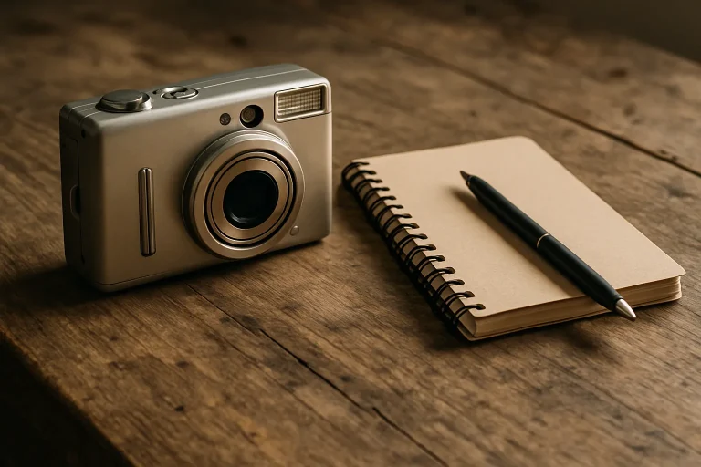 Appareil photo numérique et carnet sur une table en bois, lumière douce.